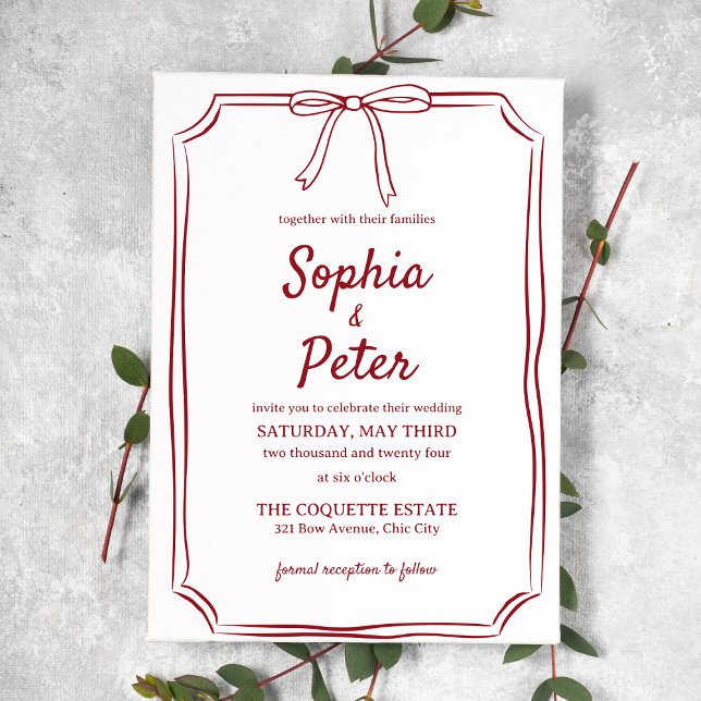 Elegant Hand-Drawn Bow Chic Crimson Red Wedding Invitation (Creator Uploaded)