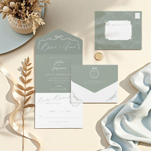Elegant Hand Drawn Bow & Ribbon Monogram Wedding All In One Invitation