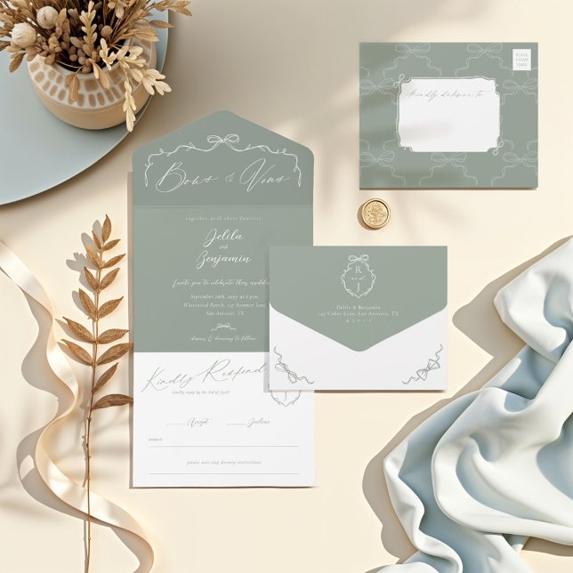 Elegant Hand Drawn Bow & Ribbon Monogram Wedding All In One Invitation (Elegant Hand Drawn Green Bow & Ribbon Monogram Wedding All In One Invitation)