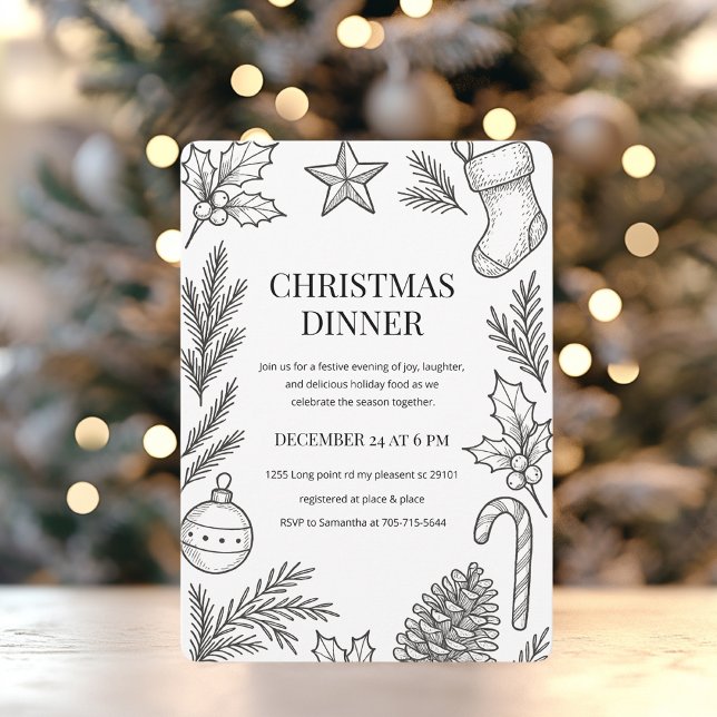 Elegant Hand-Drawn Christmas Dinner  Invitation (Creator Uploaded)