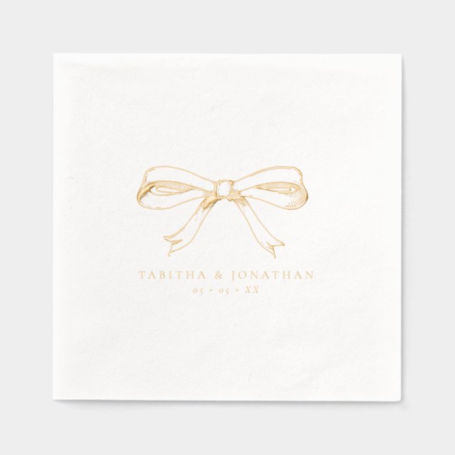 Elegant Hand Drawn Coquette Bow Wedding Gold Foil Napkins (Front)