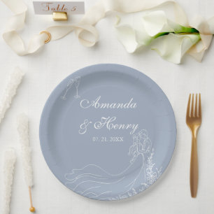 Elegant Hand Drawn Couple Dusty Blue Wedding  Paper Plate