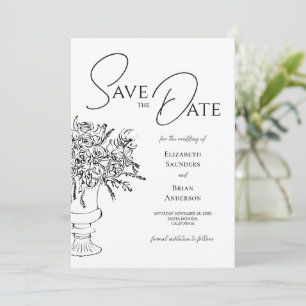 Elegant Hand Drawn Floral Black White Wedding Save The Date