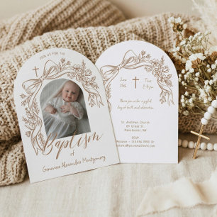 Elegant Hand-Drawn Floral Bow Arch Baptism Photo Invitation
