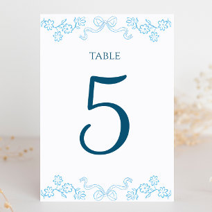 Elegant Hand-Drawn Floral & Bow Blue Wedding  Table Number
