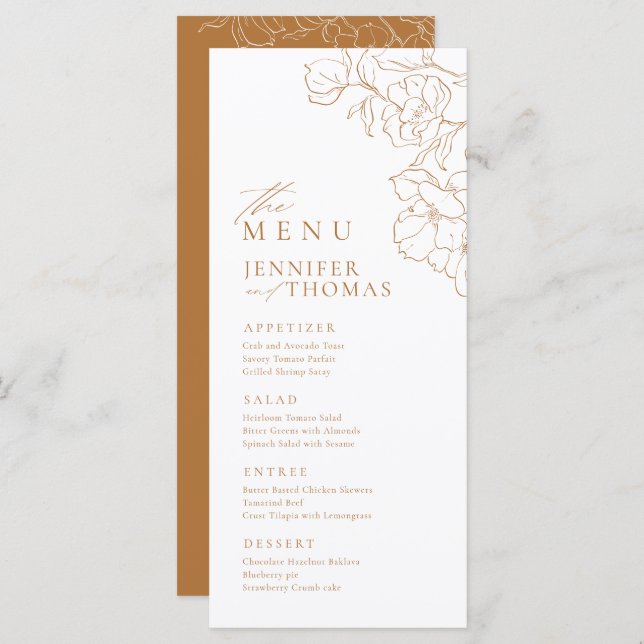 Elegant hand drawn floral golden fall wedding menu (Front/Back)