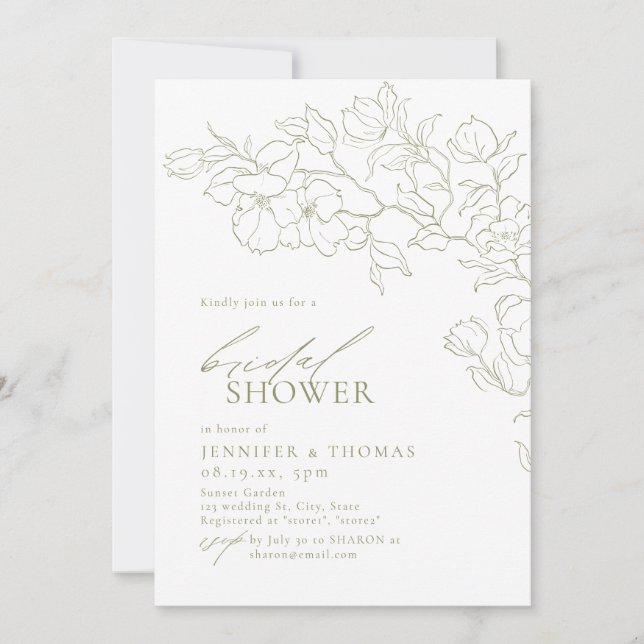 Elegant hand drawn floral sage green Bridal Shower Invitation (Front)