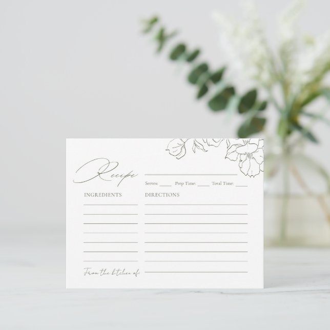 Elegant hand drawn floral sage green Recipe Card (Standing Front)