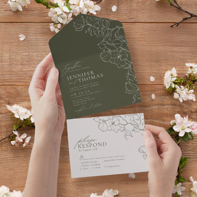 Elegant hand drawn floral sage green wedding all in one invitation (Elegant hand drawn floral sage green wedding all in one invitation)