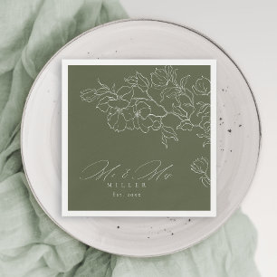 Elegant hand drawn floral sage green wedding napkin