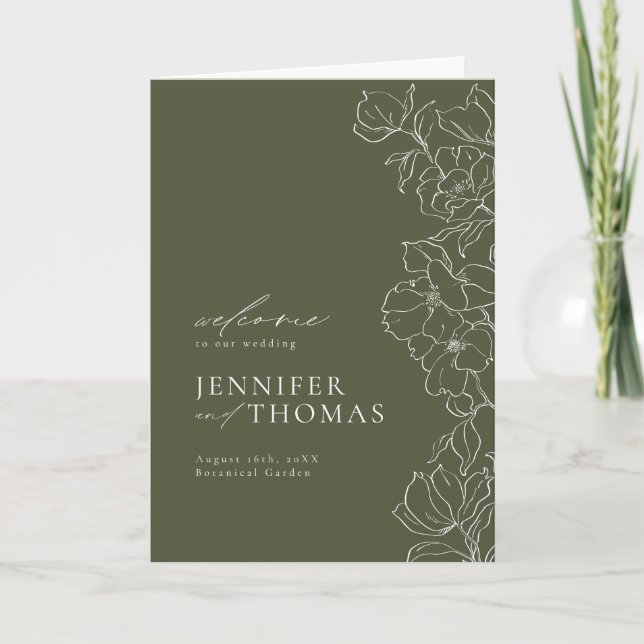 Elegant hand drawn floral sage green wedding program (Front)