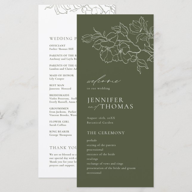 Elegant hand drawn floral sage green wedding program (Front/Back)