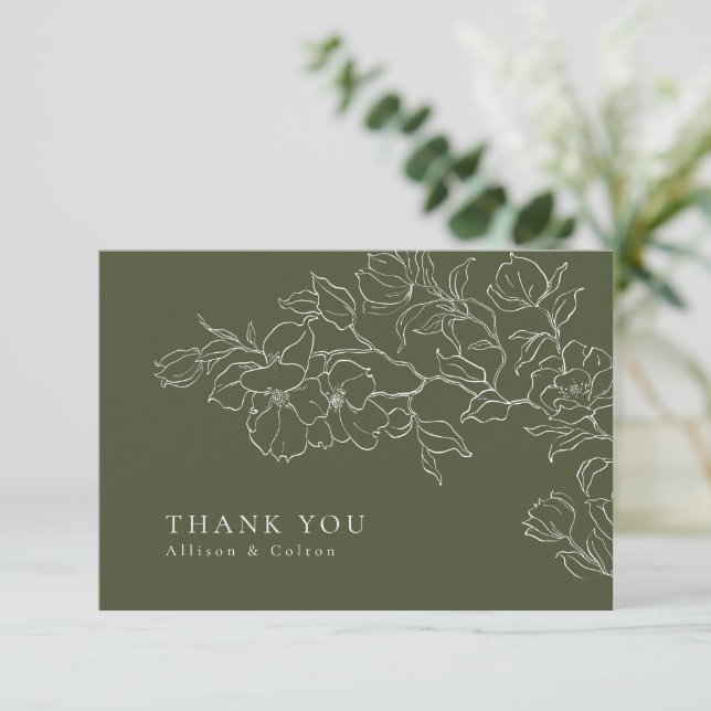 Elegant hand drawn floral sage green wedding thank you card (Standing Front)