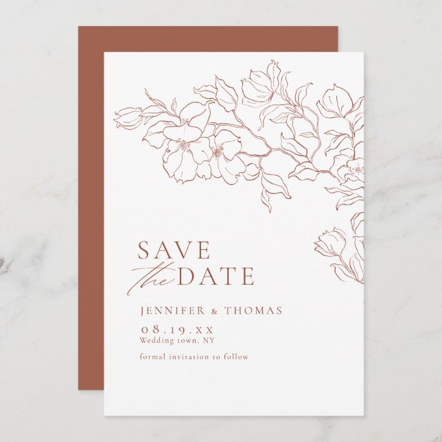 Elegant hand drawn floral terracotta wedding save the date (Front/Back)