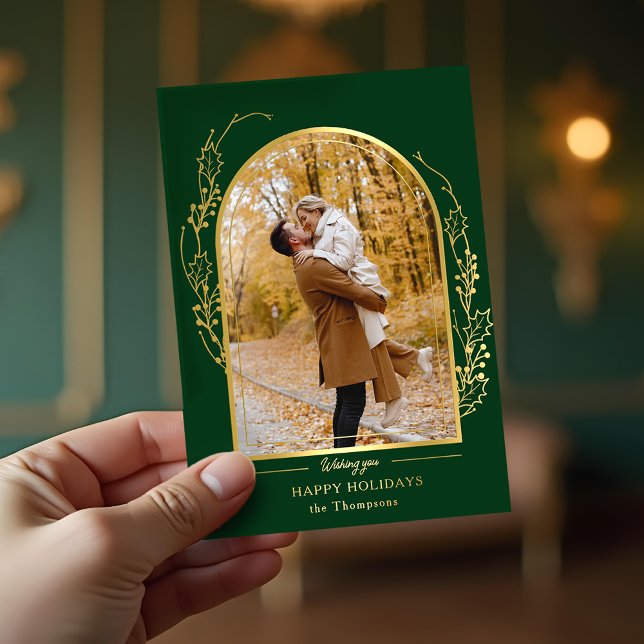 Elegant Hand Drawn Gold Holly Arch Photo Foil Holiday Card (Creator Uploaded)