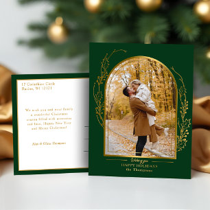 Elegant Hand Drawn Gold Holly Arch Photo Foil Holiday Postcard