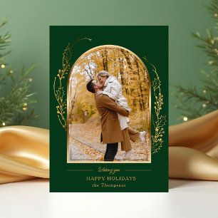 Elegant Hand Drawn Gold Holly Arch Photo Holiday Card