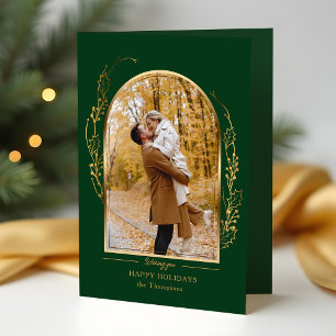Elegant Hand Drawn Gold Holly Arch Photo Holiday Card