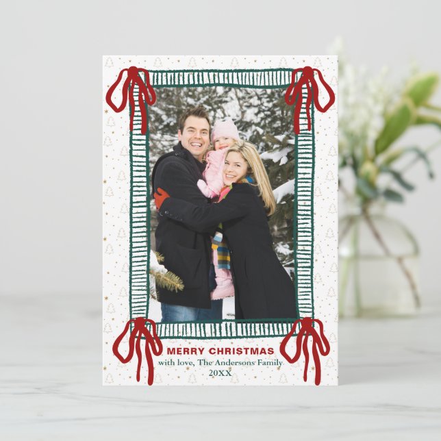 Elegant Hand Drawn Red Bow Christmas 5 Photo Holiday Card (Standing Front)
