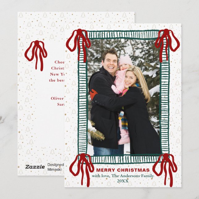 Elegant Hand Drawn Red Bow Christmas Photo Holiday Card (Front/Back)