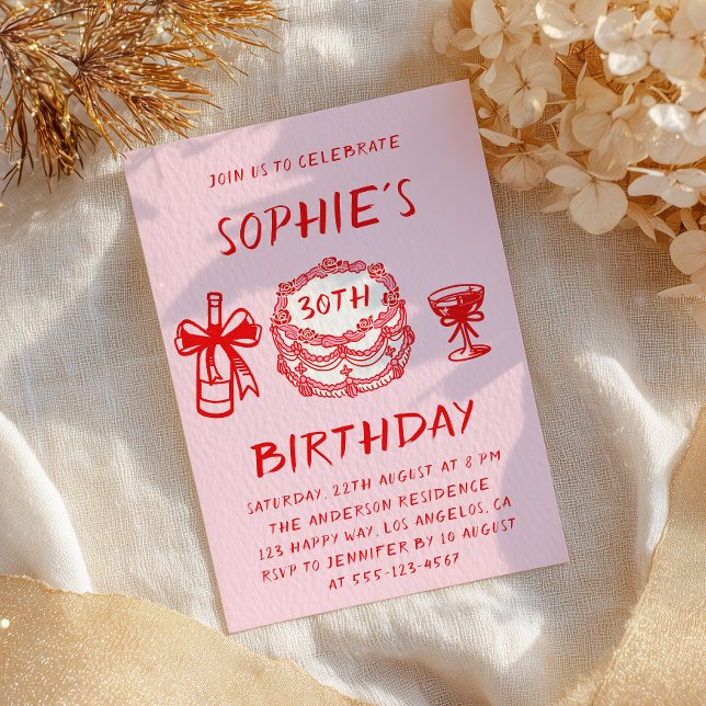 Elegant Hand Drawn Red Cake 30th Birthday Invitation (Creator Uploaded)
