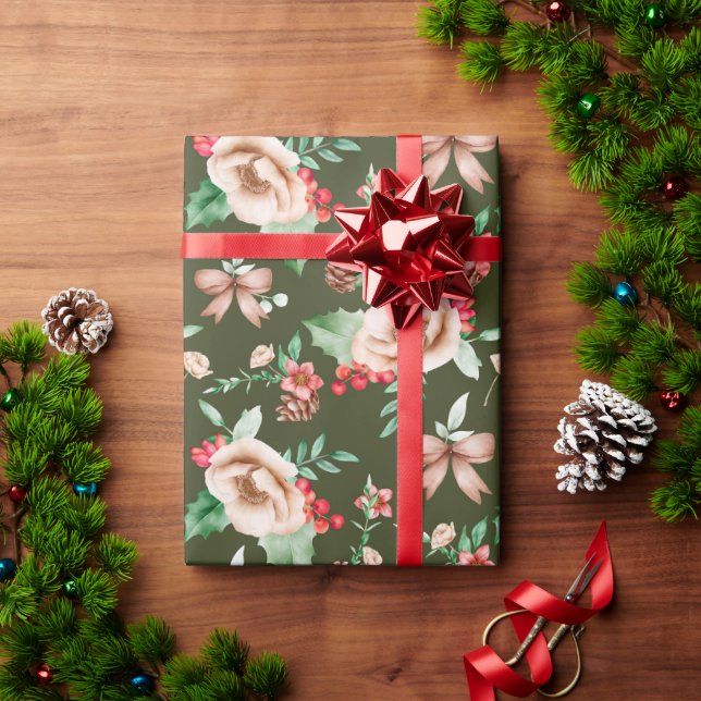 Elegant Hand Drawn Red Green floral pattern Wrapping Paper (Holiday Gift)