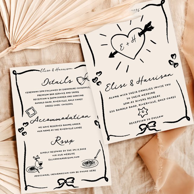 Elegant Hand Drawn Retro Black Wedding Invitation (Creator Uploaded)
