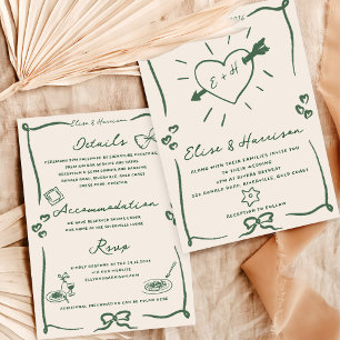 Elegant Hand Drawn Retro Green Wedding Invitation