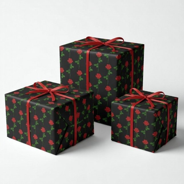 Elegant Hand-Drawn Rose Wrapping Paper on Black  (Creator Uploaded)