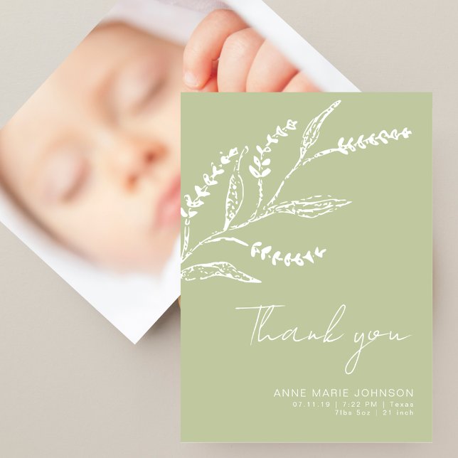 Elegant Hand-drawn Sage Green Baby Shower Thank You Card (Creator Uploaded)