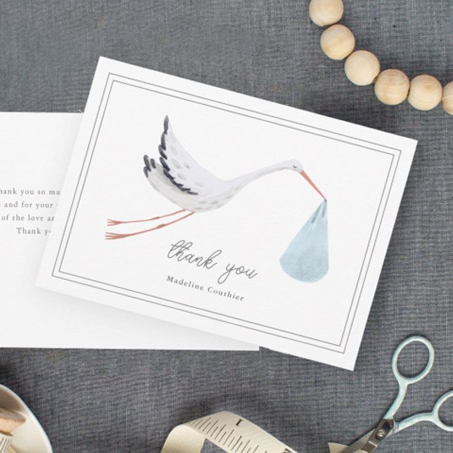 Elegant Hand Drawn Stork Boys Baby Shower Thank You Card (Elegant hand painted blue stork boys baby shower thank you cards.)