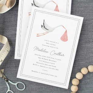 Elegant Hand Drawn Stork Girls Baby Shower Invitation