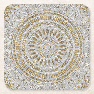 Elegant hand drawn tribal mandala design square paper coaster