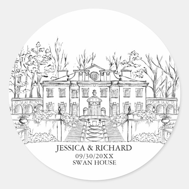 Elegant Hand Drawn Venue Chateau Illustration  Classic Round Sticker (Front)