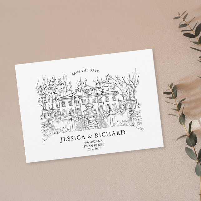 Elegant Hand Drawn Venue Chateau Illustration  Invitation (swan house wedding venue custom  illustration)