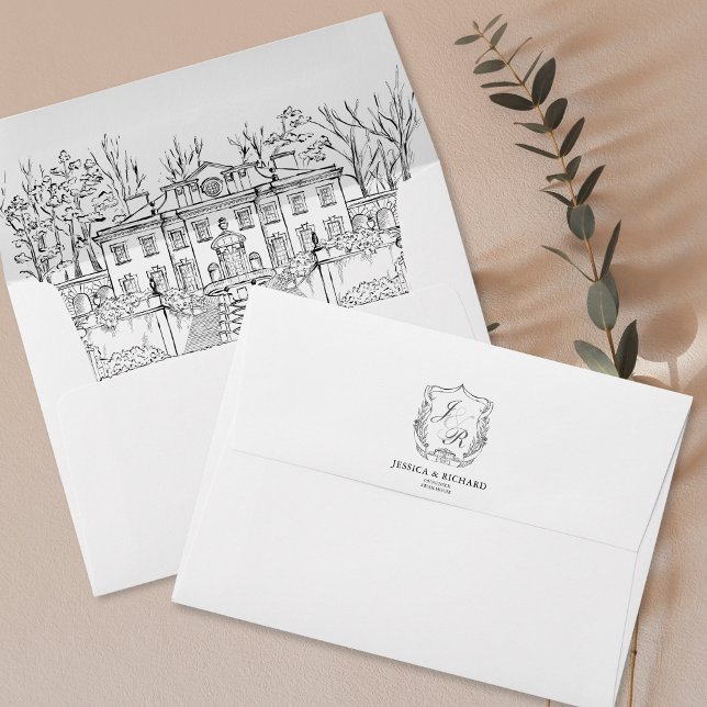 Elegant Hand Drawn Venue Chateau Monogram Crest Envelope (classic hand drawn wedding monogram crest and venue invitation, swan house usa)