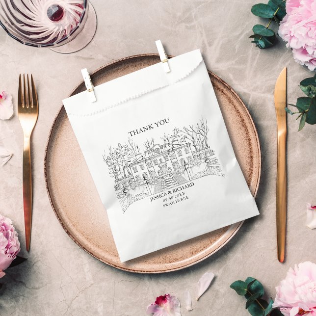Elegant Hand Drawn Venue Thank You Favour Bag (hand drawn wedding venue swan house USA)