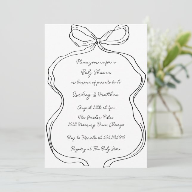 Elegant Hand Drawn Wavy Bow Baby Shower Invitation (Standing Front)
