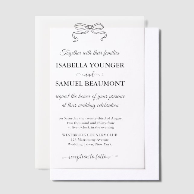 Elegant Hand-Drawn Wedding Bow Custom Text Overlay Vellum Invitations (Offset)