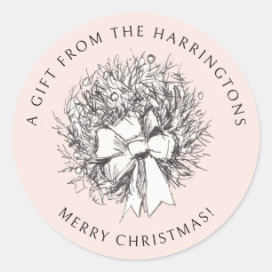 Elegant Hand-Drawn Wreath Traditional Christmas Classic Round Sticker