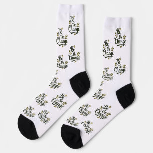 Elegant Hand-Lettered "Be the Change" Black Script Socks