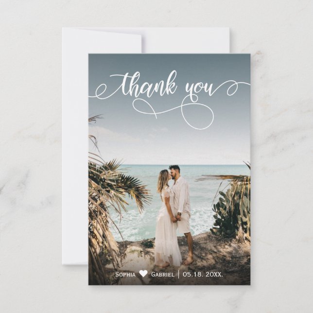 Elegant Hand Lettered Wedding Photo Thank You Card (Front)