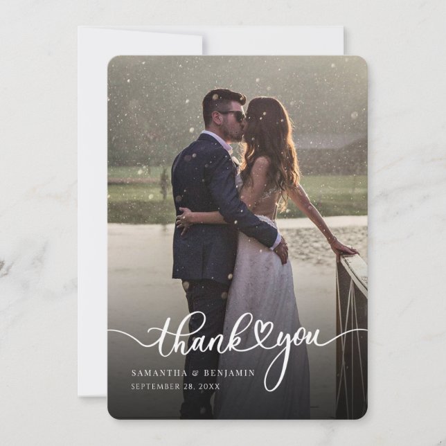 Elegant Hand-Lettered Wedding Photo Thank You Card (Front)