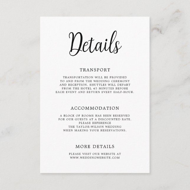 Elegant Hand Lettering Black White Wedding Details Enclosure Card (Front)
