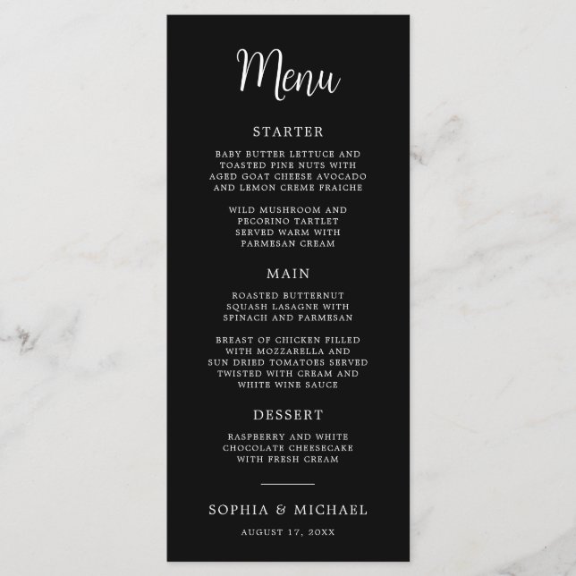 Elegant Hand Lettering Black White Wedding Menu (Front)