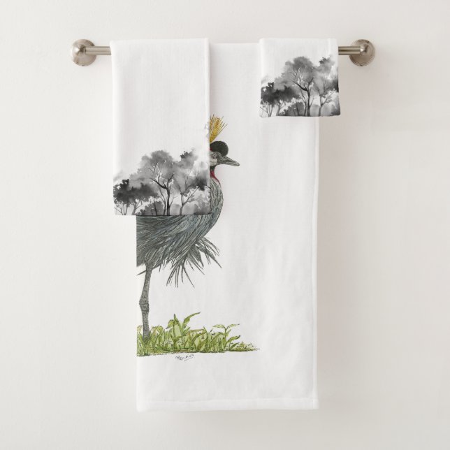 Elegant Hand Painted Grey Crown Crane  Bath Towel Set (Insitu)