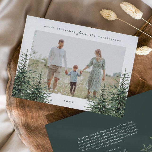 Elegant Hand-painted Pine Tree Photo Christmas Holiday Card (Elegant Rustic Hand Painted Pine Tree Green Photo Christmas Holiday Cards.)