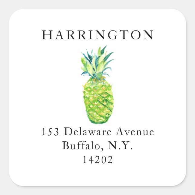 Elegant Hand-Painted Pineapple Return Address Square Sticker (Front)
