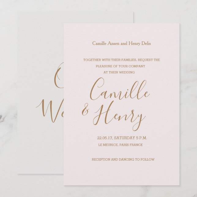 Elegant Hand-Written Light Pink modern wedding Invitation (Front/Back)