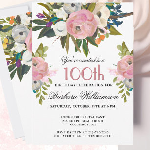 Elegant Handpainted Floral 100th Birthday Party  Invitation